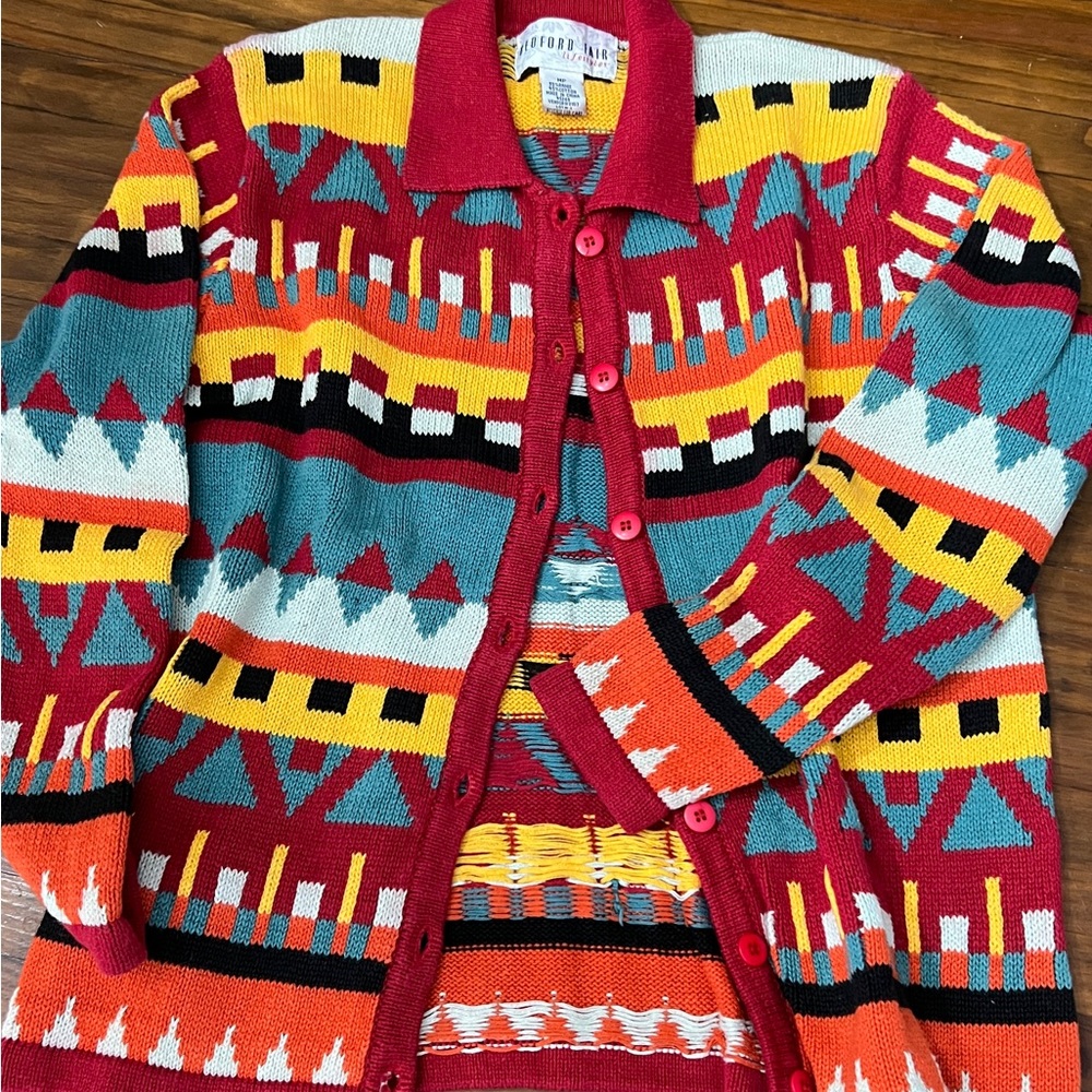 Colorful Aztec Pattern Cardigan Sweater Sz MP Ramie/Cotton EUC Vtg Bedford Fair